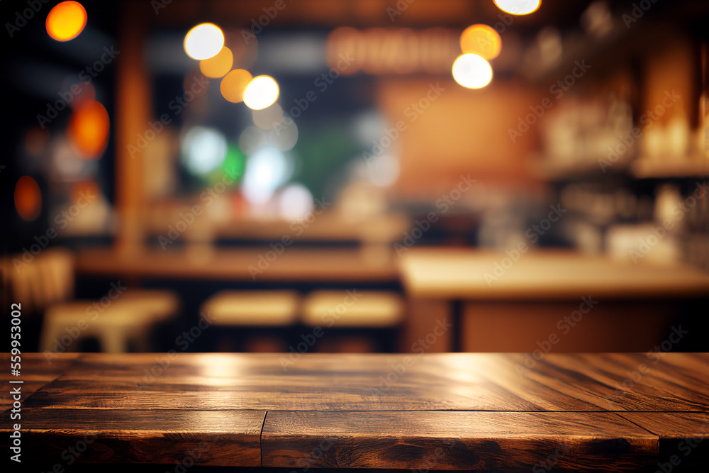 Rustic empty wooden table and blurred bar lights background for product and merchandise display. Generative Ai image illustration. 