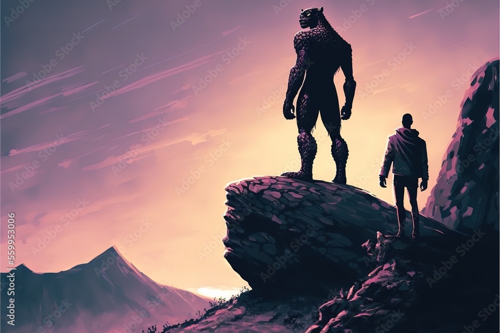 A man and a black panther standing on a rock