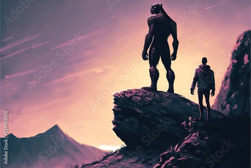 A man and a black panther standing on a rock