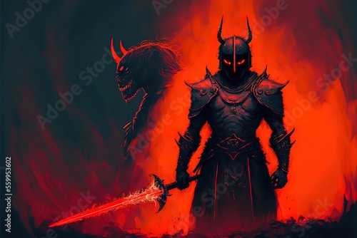 A knight fights a huge demon in a lava cave