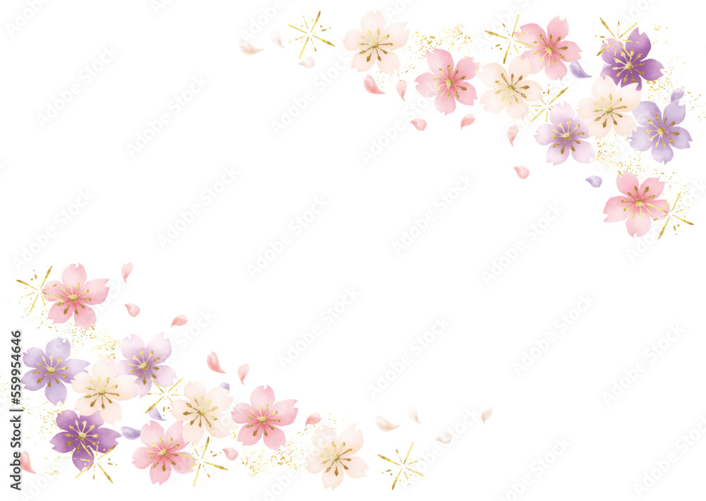 カラフルな桜と金箔の水彩背景