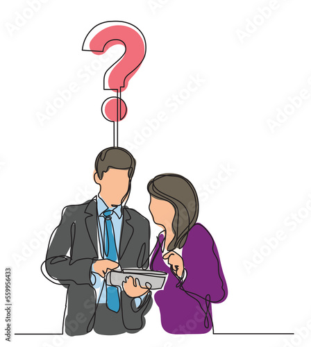 continuous line drawing cowokers discussing question colored PNG image with transparent background photo