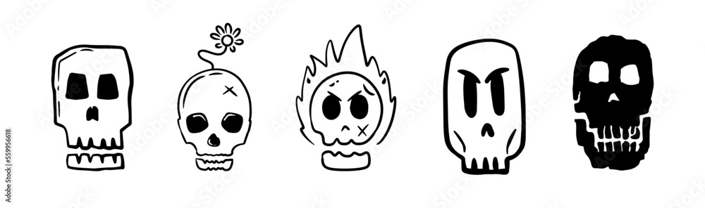 Unique skull line art design vector bundle collection. Hand drawn character symbol. 