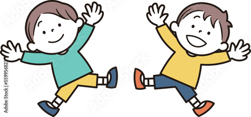 ジャンプをしている2人の日本人小学生の男の子のイラスト素材