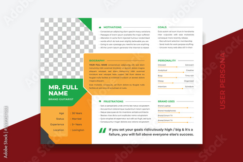 User Persona Document Template Vector Illustration. Examples of User Personas template. Persona Document. Persona Template for UI UX designer. User Persona vector horizontal template with double color
