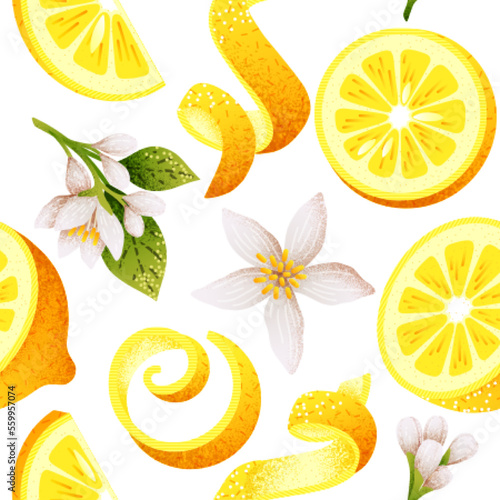Lemon fruit pattern, garden postcard. Decorative tropical citrus backdrop, printed packing paper, yellow summer. Vector seamless illustration