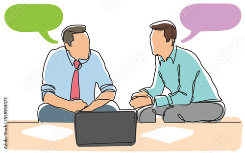 continuous line drawing two businessmen sitting talking  employees colored PNG image with transparent background © OneLineStock