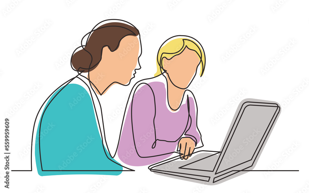 continuous line drawing two women sitting watching laptop computer colored PNG image with transparent background