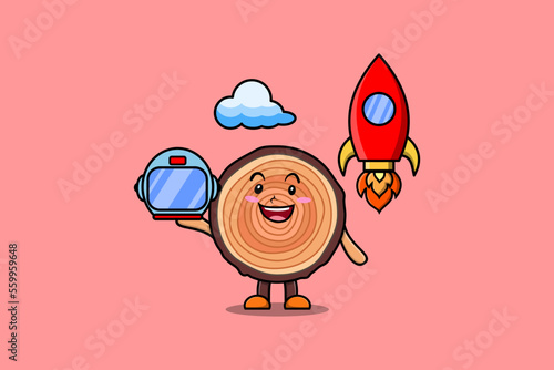 Cute mascot cartoon character Wood trunk as astronaut with rocket, helm, and cloud in cute style  photo