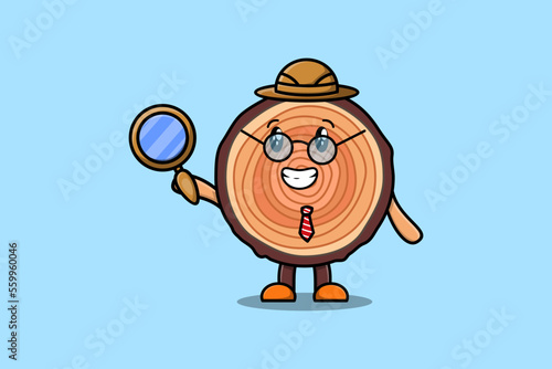 Cute cartoon character Wood trunk detective is searching with magnifying glass   