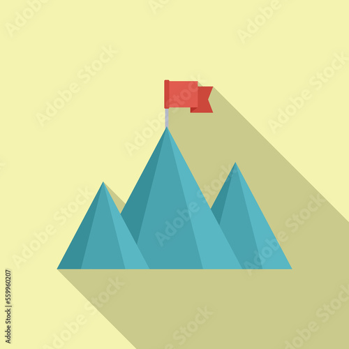 Direction flag on mountain icon flat vector. Top career. Path goal