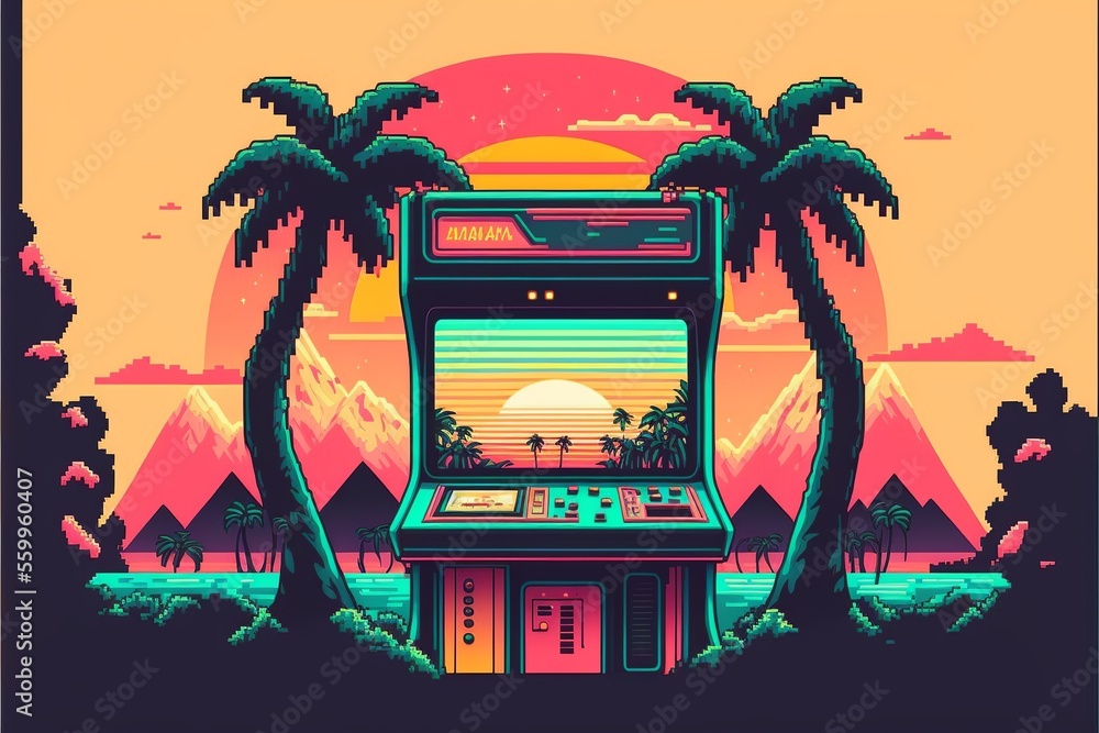 Retro arcade machine, 80s, pixel art style. Digital illustration AI