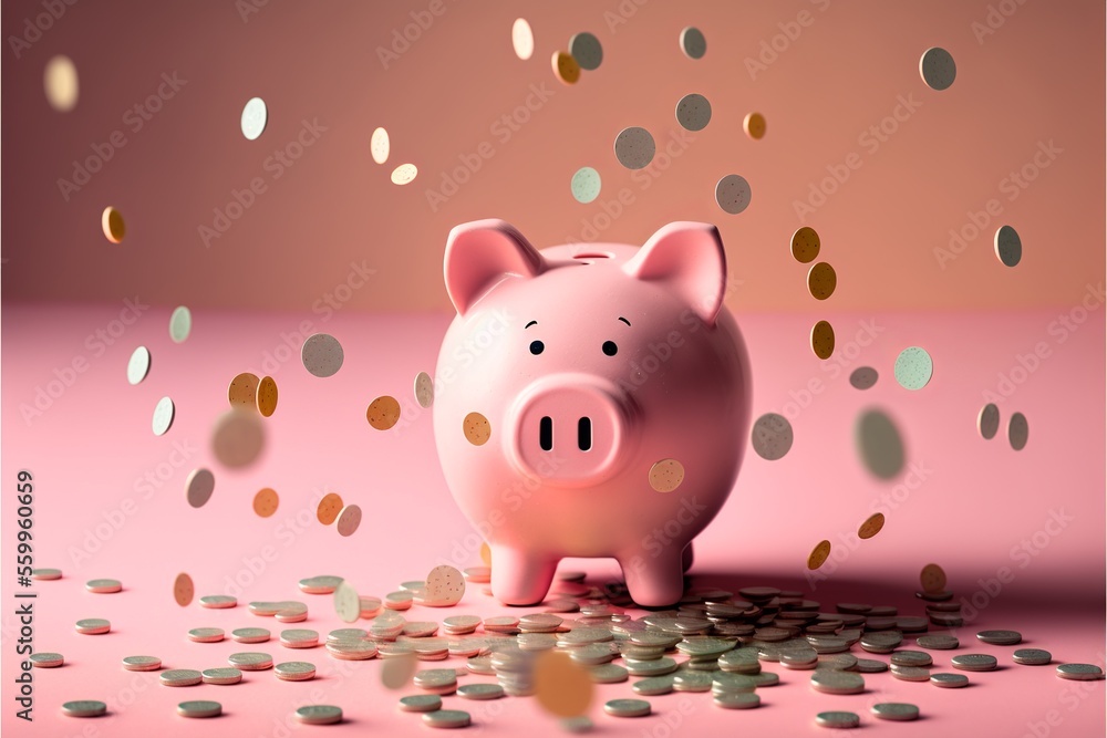 Pink piggy bank with scattered coins, pink background. AI