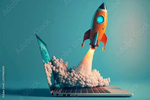 Stampa su tela Rocket coming out of laptop screen, blue background