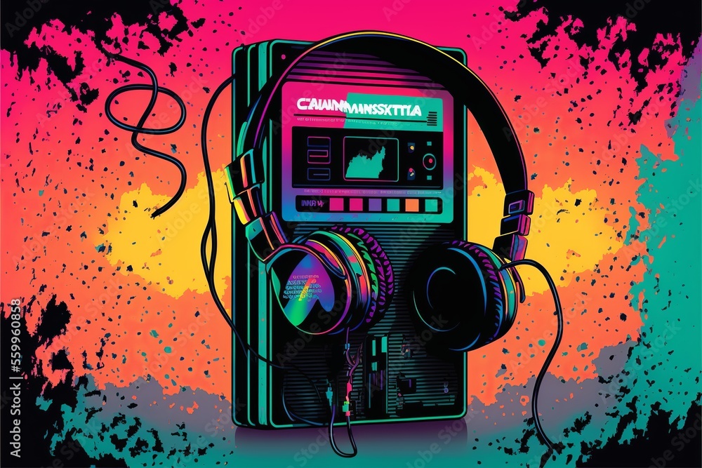 Fototapeta premium Walkman with headset, 80s, retro, colorful. AI digital illustration