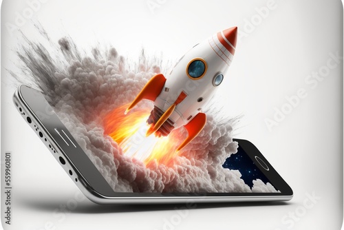 Rocket coming out of mobile phone screen, white background. AI digital illustration