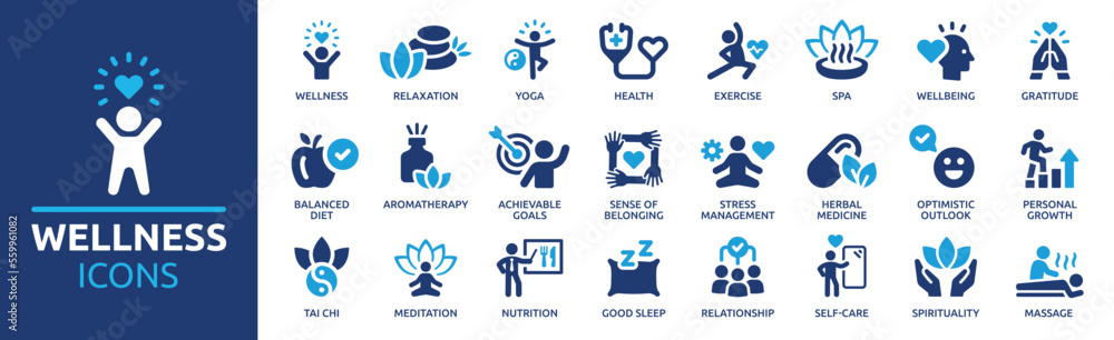 Wellness icon set. Containing massage, yoga, spa, relaxation, health, exercise, diet, wellbeing, meditation, aromatherapy and more. Solid icon collection. - obrazy, fototapety, plakaty 