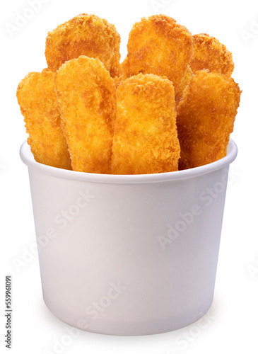 Fried Fish sticks in paper bag isolated on white, Fried fish fingers Isolated on White background, With work path.