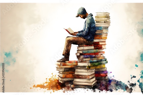A man reads sitting on a mountain of books photo
