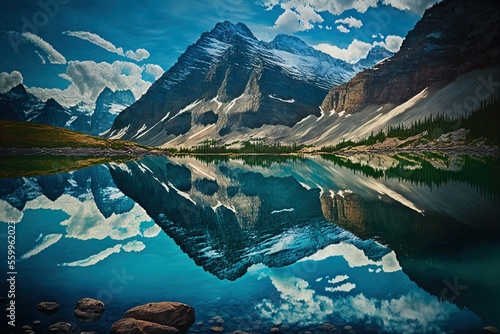Azure Assiniboine Provincial Park Lake reflects the Rocky Mountains. Generative AI photo