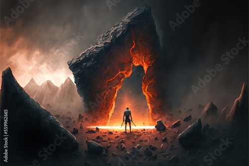 A man stands by a split lava rock
