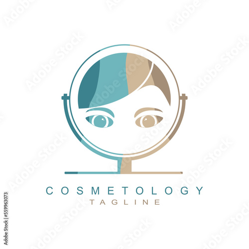 Portrait of elegant woman reflection in mirror. Cosmetology branding logo design