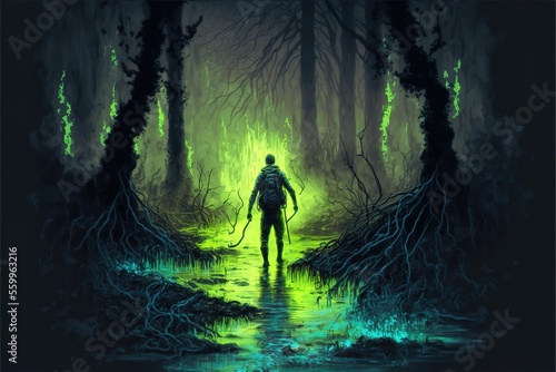 A man walks with a torch through a swamp
