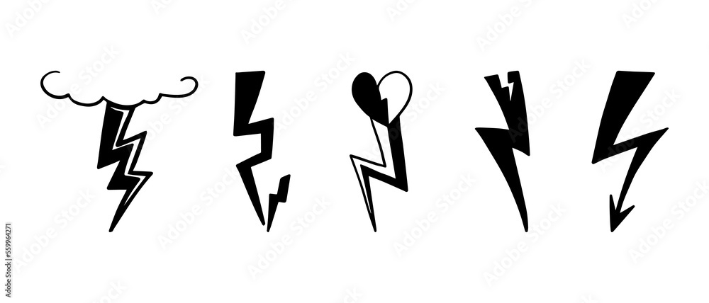 set of hand drawn vector doodle electric lightning bolt symbol sketch illustrations. thunder, vector ilustration set of hand drawn vector doodle electric lightning bolt symbol sketch illustrations. thunder, vector ilustration