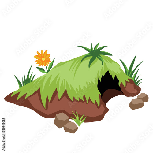 Small animal Burrow with grasses and yellow flower vector illustration isolated on plain white background. Cute simple and flat colored natural drawing for wild animal hiding place outdoor.