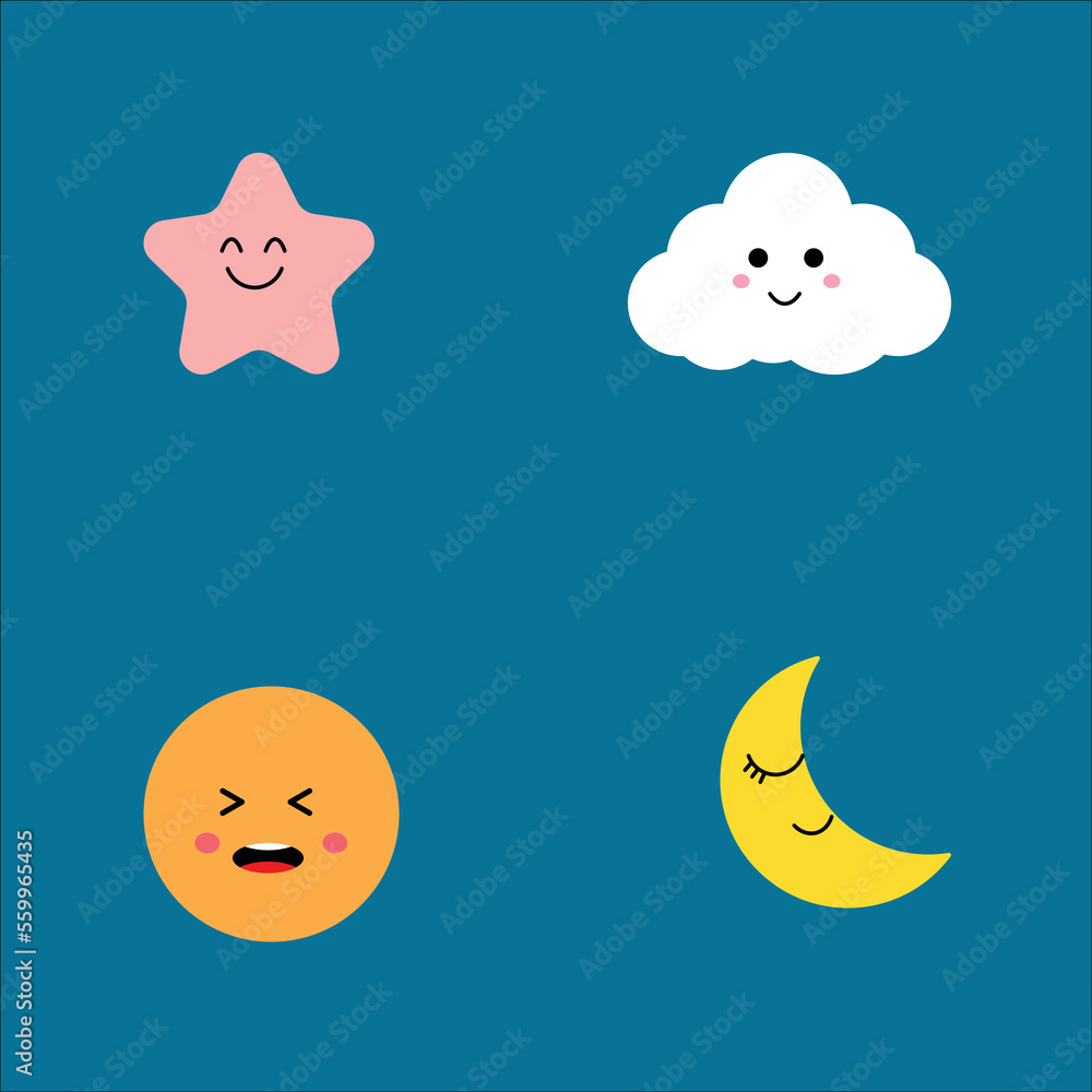 Fototapeta premium Smile faces with various facial expressions. Cute emoji symbols for internet chatting. Cute cartoon star emoji set. Collection of difference emoticon icon of cute star cartoon isolated .