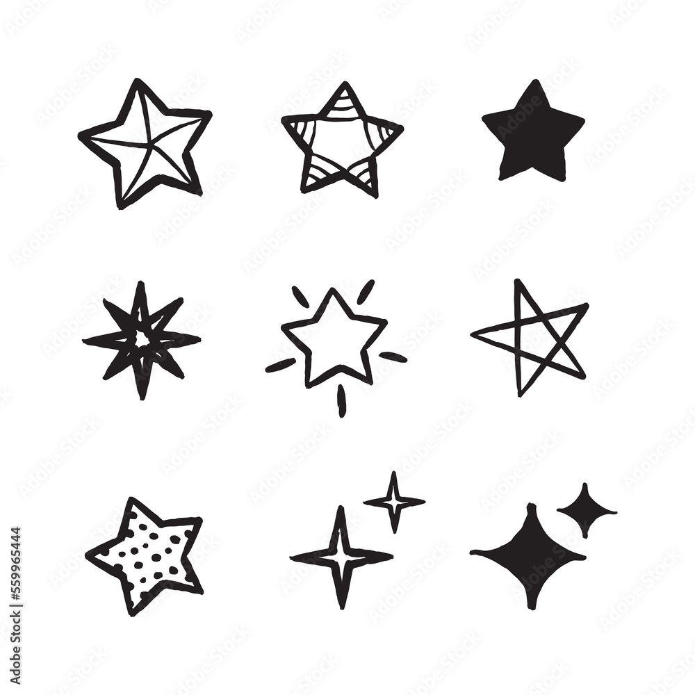 Set of new style black vector star isolated on white. Vector symbols star isolated on white background. Star icons. Twinkling stars. Sparkles, shining. 