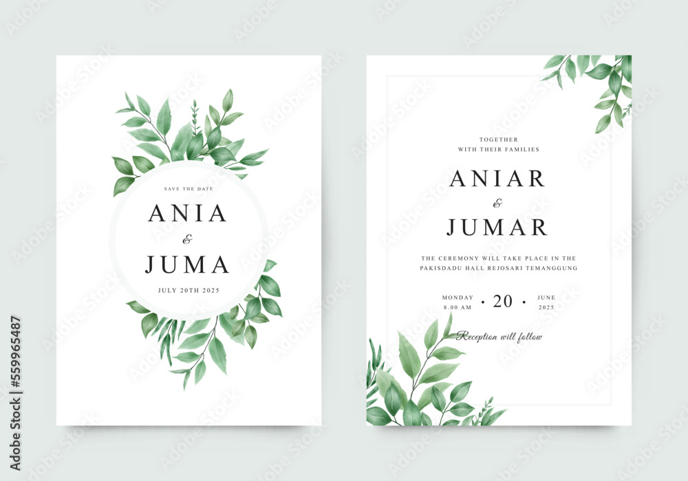 Beautiful wedding invitation template with green leaves