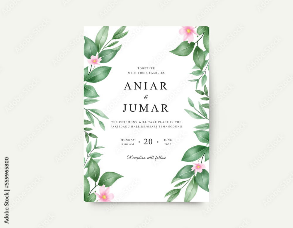 Watercolor flowers and green leaves for wedding invitation card