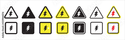High voltage icon set. High voltage sign in triangle and square shape. Electric shock risk label. Vector stock illustration.
