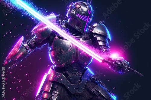 Neon knight in armor with a glowing plasma sword