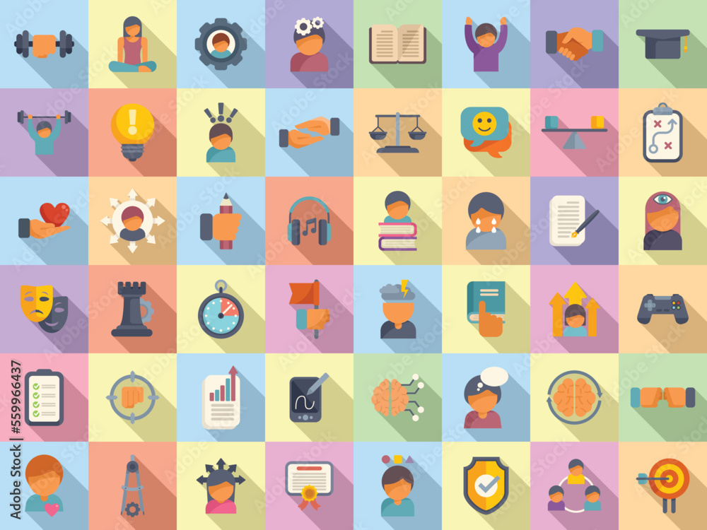 Coping skills icons set flat vector. Love stress. Breath anxiety Coping skills icons set flat vector. Love stress. Breath anxiety