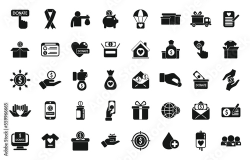 Fundraising icons set simple vector. Donate contribute. Give gift