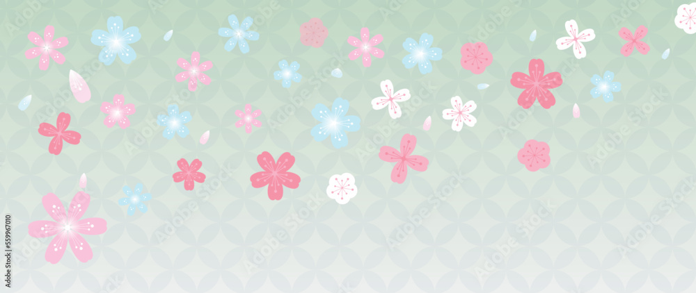 Japanese background vector illustration. Happy new year decoration template in pastel color japanese pattern style background with cherry blossom flowers. Design for card, wallpaper, poster, banner.