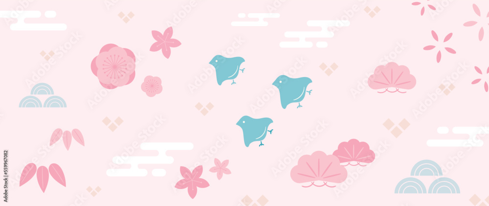 Japanese background vector illustration. Happy new year decoration template in pastel color japanese pattern style with flower shape, leaf, bird, elements. Design for card, wallpaper, poster, banner. Japanese background vector illustration. Happy new year decoration template in pastel color japanese pattern style with flower shape, leaf, bird, elements. Design for card, wallpaper, poster, banner.