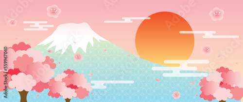 Japanese background vector illustration. Happy new year decoration template pastel color oriental landscape, fuji mountain with japanese pattern style. Design for card, wallpaper, poster, banner.