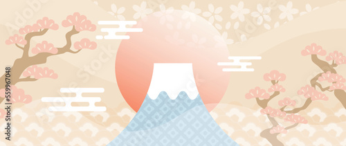 Japanese background vector illustration. Happy new year decoration template pastel japanese pattern style with crane bird, trees, cloud and mount fuji. Design for card, wallpaper, poster, banner.