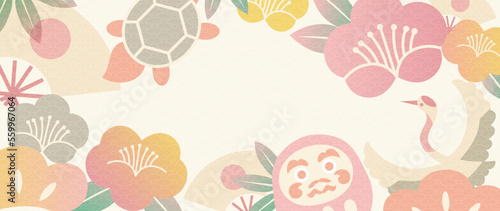 Japanese background vector illustration. Happy new year decoration template pastel japanese pattern style with daruma doll, flower shape, crane bird, fan. Design for card, wallpaper, poster, banner.