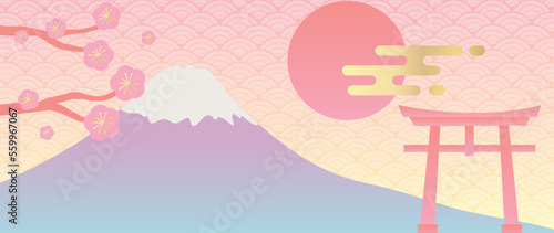 Japanese background vector illustration. Happy new year decoration template pastel japanese pattern style with sakura flower, mount fuji and torii gate. Design for card, wallpaper, poster, banner.