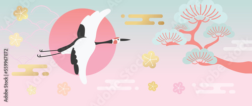 Japanese background vector illustration. Happy new year decoration template pastel japanese pattern style, crane bird, trees with golden texture element. Design for card, wallpaper, poster, banner.