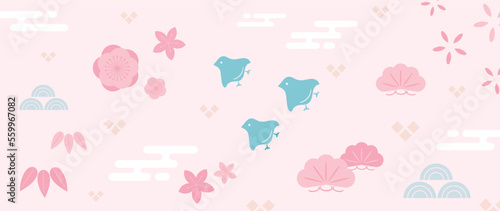 Japanese background vector illustration. Happy new year decoration template in pastel color japanese pattern style with flower shape, leaf, bird, elements. Design for card, wallpaper, poster, banner.
