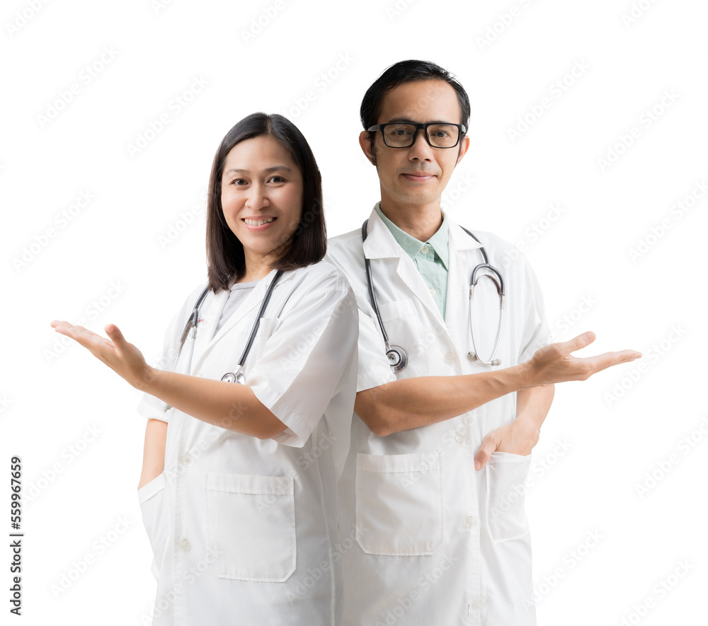 Medical Services. Asian doctor woman and man, Hand open palm up blank workspace, isolated background Medical Services. Asian doctor woman and man, Hand open palm up blank workspace, isolated background