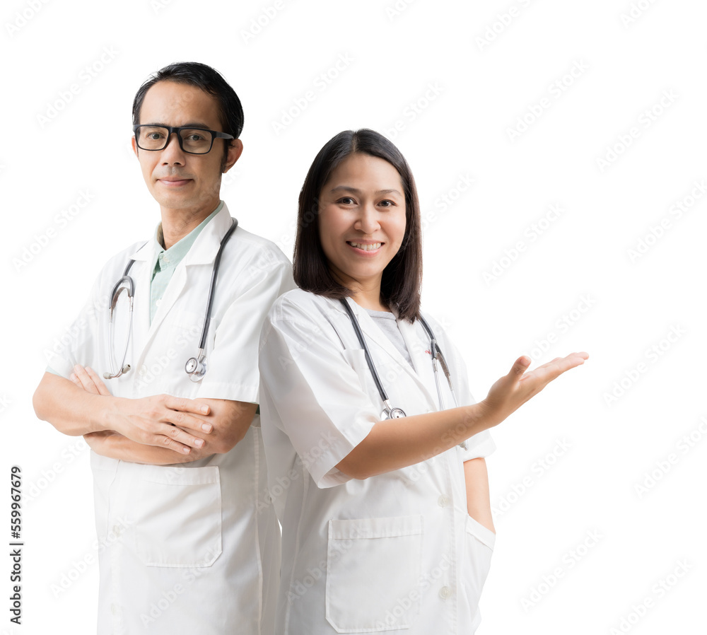 Medical Services. Asian doctor woman and man, Posing arms crossed with Hand open palm up, isolated background Medical Services. Asian doctor woman and man, Posing arms crossed with Hand open palm up, isolated background