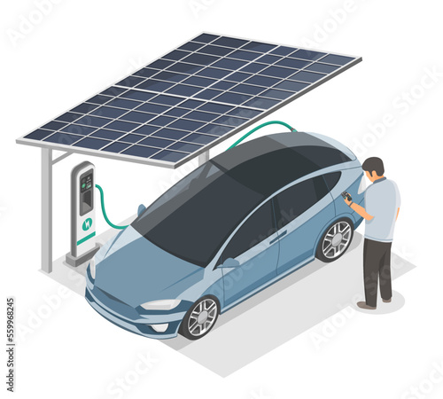 EV Electric Car Charging Parking Station Clean Energy from Solar cell ecology Concept isometric vector isolated