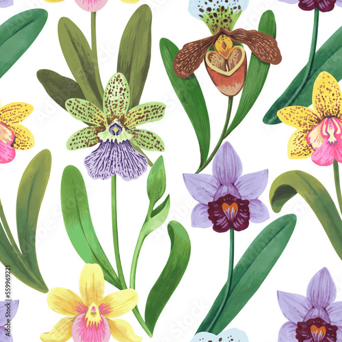 Vector seamless pattern with colorful psychedelic orchid flowers. Hand drawn detailed print for textile and wallpaper.