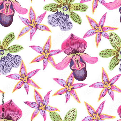 Vector seamless pattern with colorful psychedelic orchid flowers. Hand drawn detailed print for textile and wallpaper.